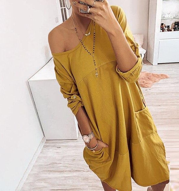 Casual Solid Color Round Neck Long Sleeve Women Dress Casual Women Shirt Dress Fashion Long Sleeve Dress Women - Takalr