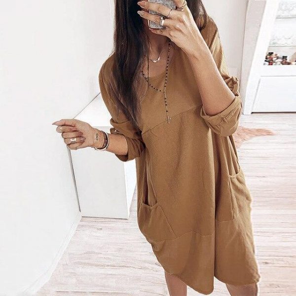 Casual Solid Color Round Neck Long Sleeve Women Dress Casual Women Shirt Dress Fashion Long Sleeve Dress Women - Takalr