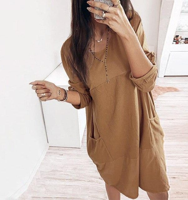 Casual Solid Color Round Neck Long Sleeve Women Dress Casual Women Shirt Dress Fashion Long Sleeve Dress Women - Takalr