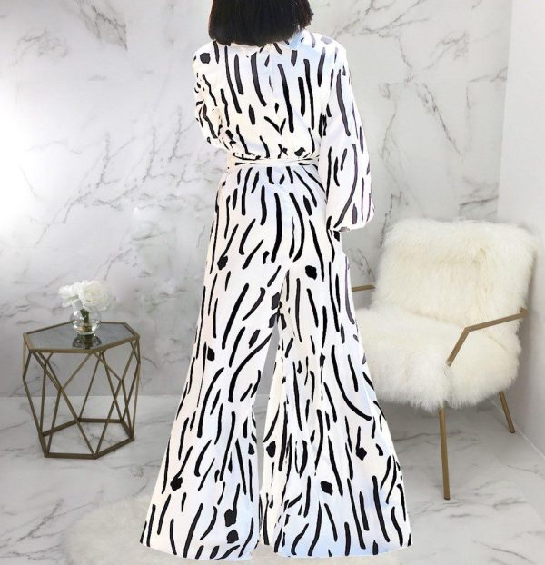 Casual Women Jumpsuit Wide Leg Pants Stand Neck Long Sleeve One Piece Jumpsuit Print High Waist Sashes Elegant Overalls - Takalr