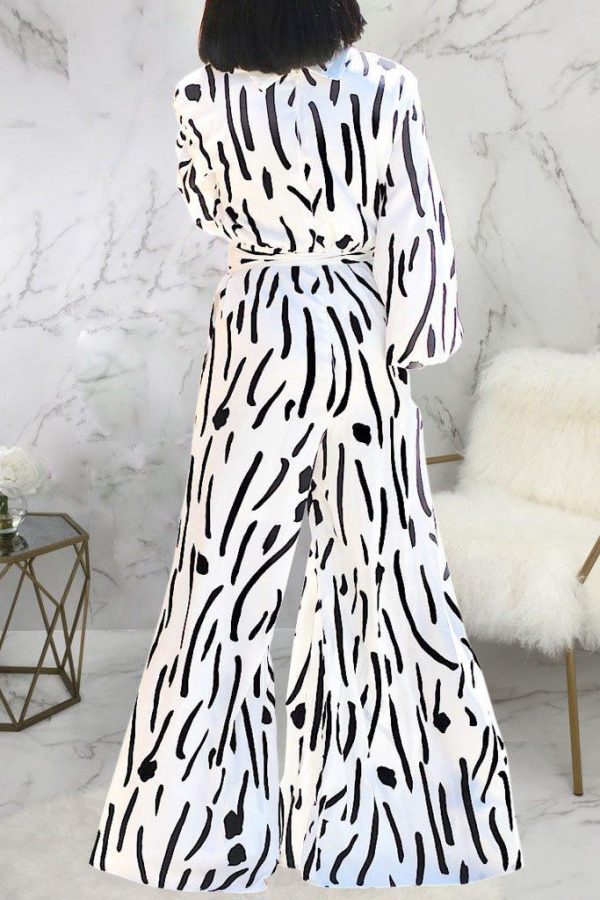 Casual Women Jumpsuit Wide Leg Pants Stand Neck Long Sleeve One Piece Jumpsuit Print High Waist Sashes Elegant Overalls - Takalr