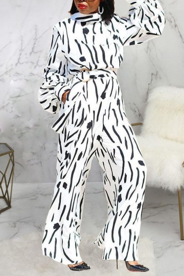 Casual Women Jumpsuit Wide Leg Pants Stand Neck Long Sleeve One Piece Jumpsuit Print High Waist Sashes Elegant Overalls - Takalr