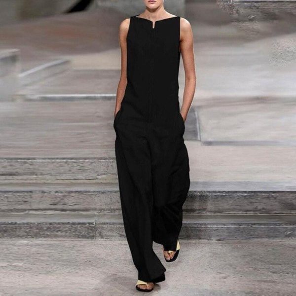 Casual loose rompers womens jumpsuit Summer sleeveless solid black white jumpsuit streetwear Pocket long pants overalls - Takalr