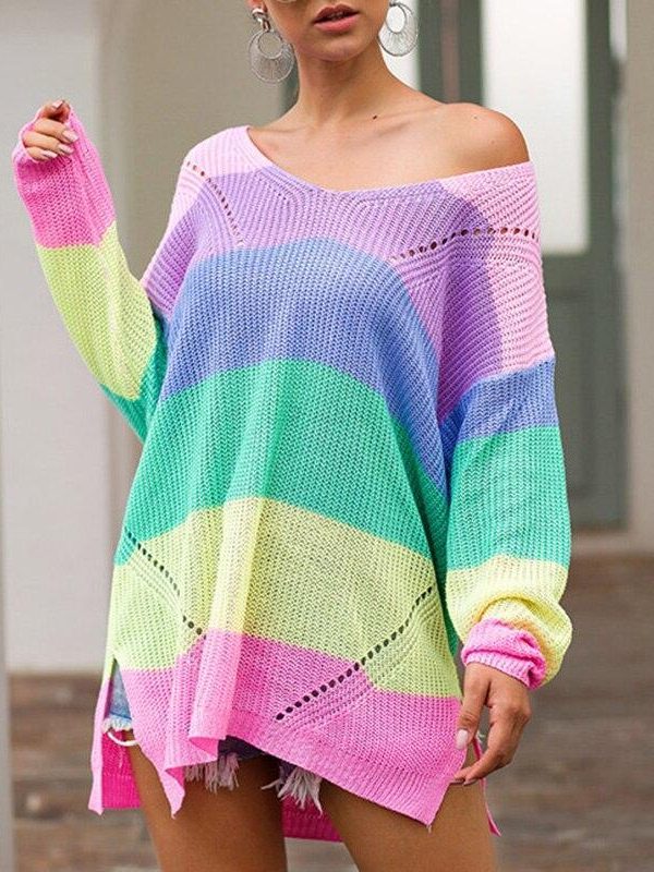 Casual loose striped knitted sweater women Multicolor knitted autumn winter overesized sweater Pullovers pull femme jumper - Takalr