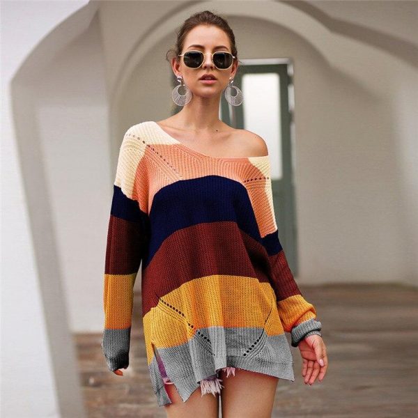 Casual loose striped knitted sweater women Multicolor knitted autumn winter overesized sweater Pullovers pull femme jumper - Takalr