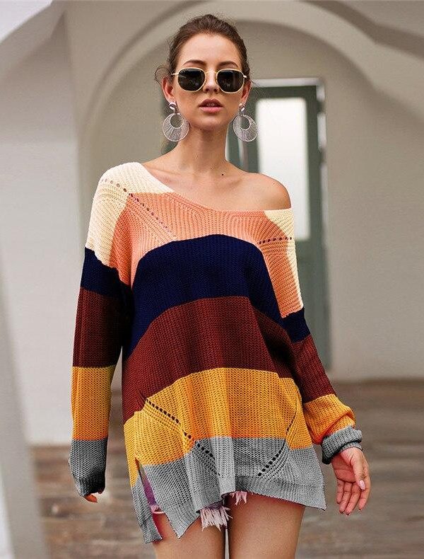 Casual loose striped knitted sweater women Multicolor knitted autumn winter overesized sweater Pullovers pull femme jumper - Takalr