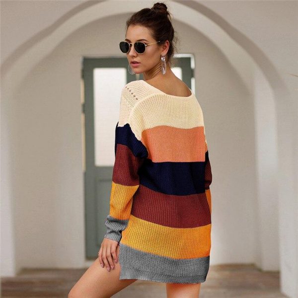 Casual loose striped knitted sweater women Multicolor knitted autumn winter overesized sweater Pullovers pull femme jumper - Takalr