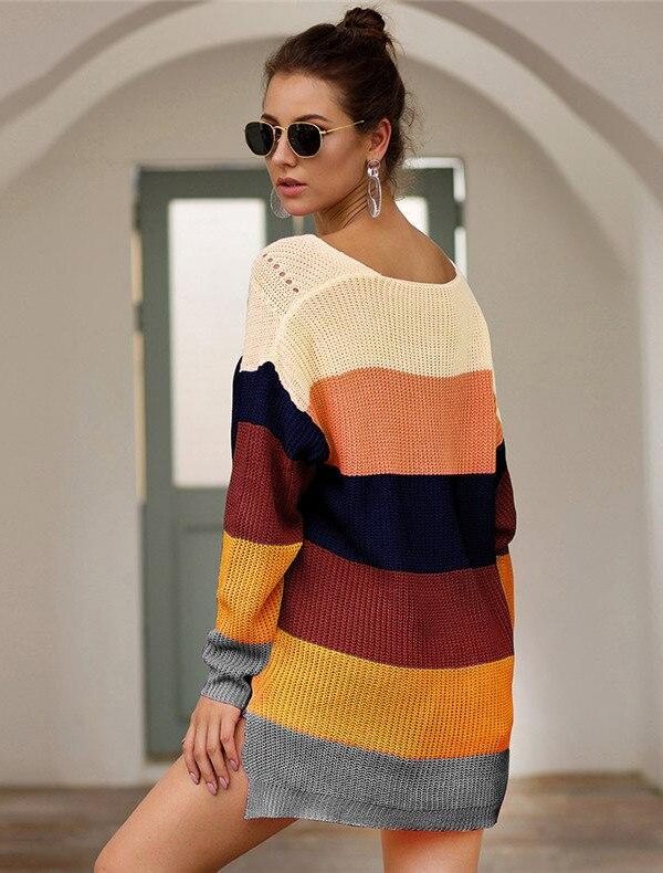 Casual loose striped knitted sweater women Multicolor knitted autumn winter overesized sweater Pullovers pull femme jumper - Takalr