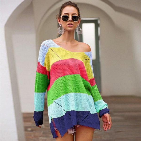 Casual loose striped knitted sweater women Multicolor knitted autumn winter overesized sweater Pullovers pull femme jumper - Takalr