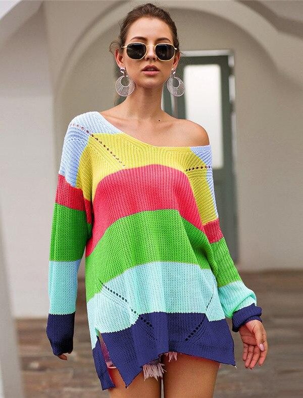 Casual loose striped knitted sweater women Multicolor knitted autumn winter overesized sweater Pullovers pull femme jumper - Takalr