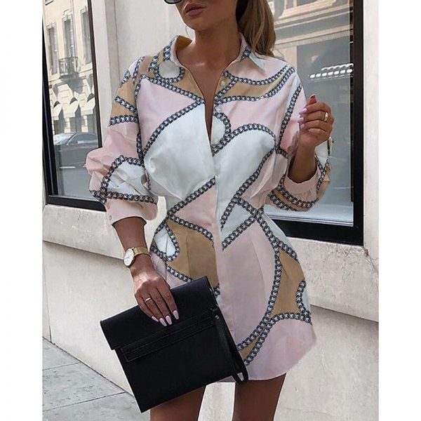 Chain print tight waist shirt dress women Retro turn down collar long sleeve dress Autumn  casual short dresses vestido - Takalr