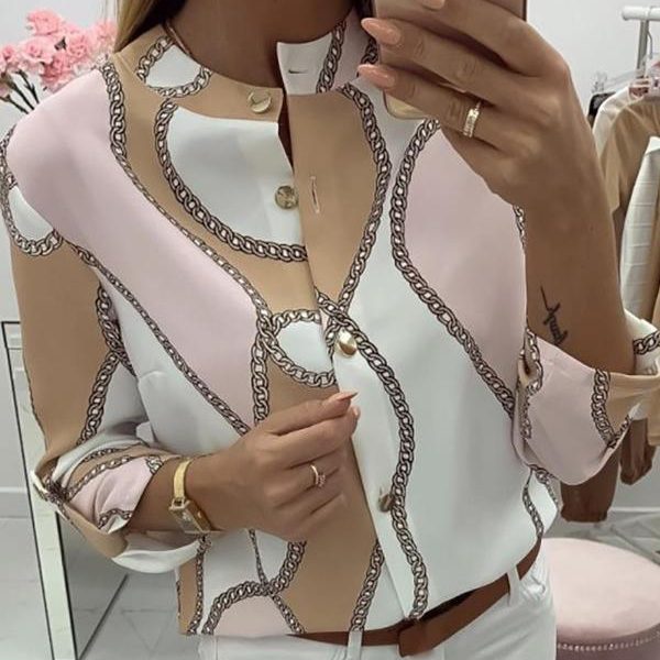 Chains Print Button Design Casual Tops O Neck Long Sleeve T Shirt Women Blusas Mujer De Moda - Takalr