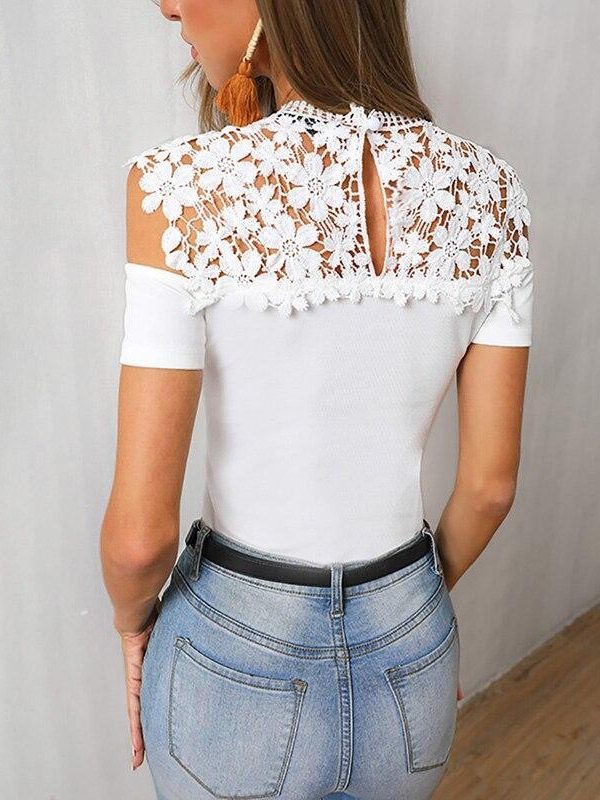 Cold Shoulder Lace Insert Casual Top Women Flower Crochet White T Shirt Summer Casual Slim Fit Tshirt Tops Femme - Takalr