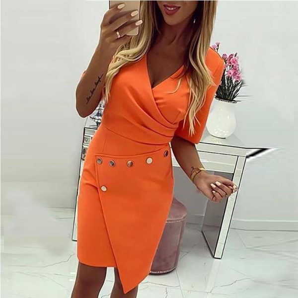 Color orange bodycon dress women Ruched design irregular slim fit summer dress Elegant ladies workwear dresses Sexy vestido - Takalr