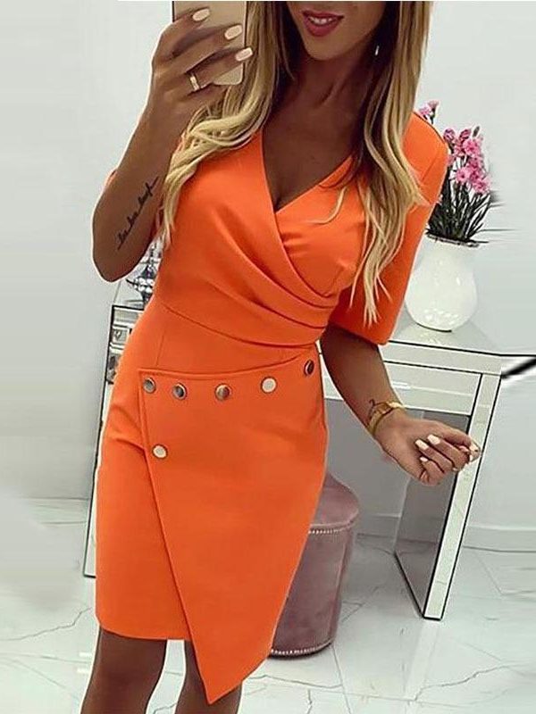 Color orange bodycon dress women Ruched design irregular slim fit summer dress Elegant ladies workwear dresses Sexy vestido - Takalr