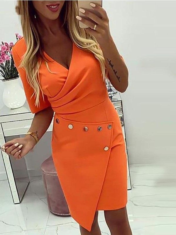 Color orange bodycon dress women Ruched design irregular slim fit summer dress Elegant ladies workwear dresses Sexy vestido - Takalr