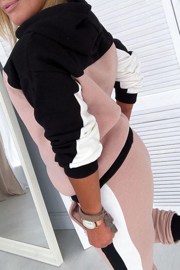 Colorblock Drawsting Design Hooded Top & Slinky Pant Sets women 2 piece set winter  tracksuit - Takalr