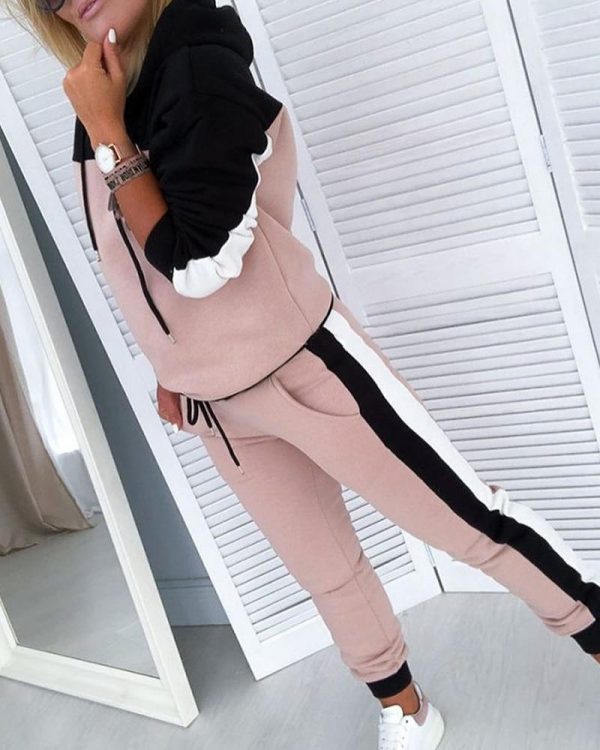 Colorblock Drawsting Design Hooded Top & Slinky Pant Sets women 2 piece set winter  tracksuit - Takalr