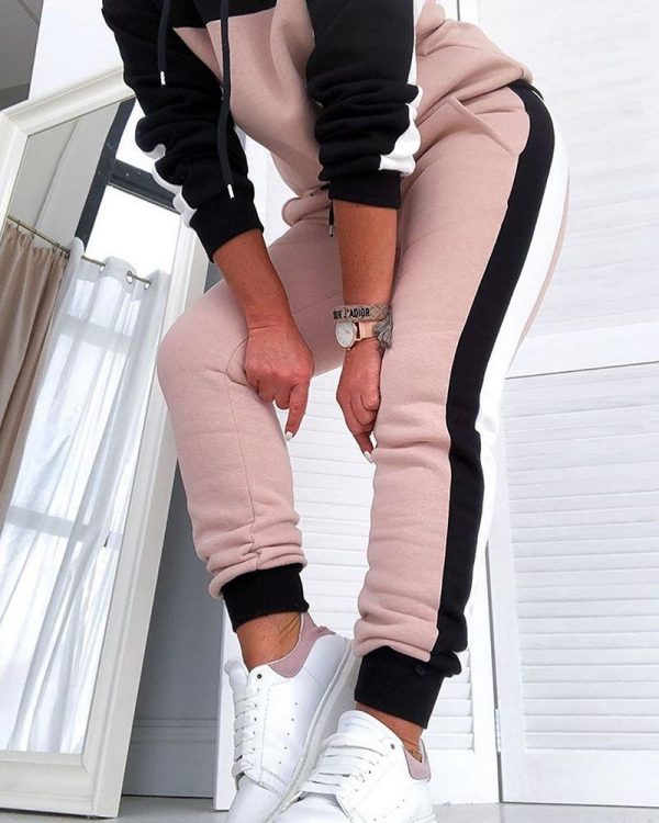 Colorblock Drawsting Design Hooded Top & Slinky Pant Sets women 2 piece set winter  tracksuit - Takalr