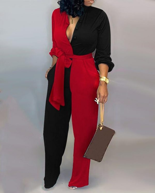 Colorblock Long Sleeve Knotted Jumpsuit - Takalr