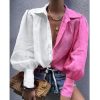 Colorblock lantern sleeve t shirt weomen tops Color pink and white patchwork turn down collar blusas femme Autumn camiseta - Takalr