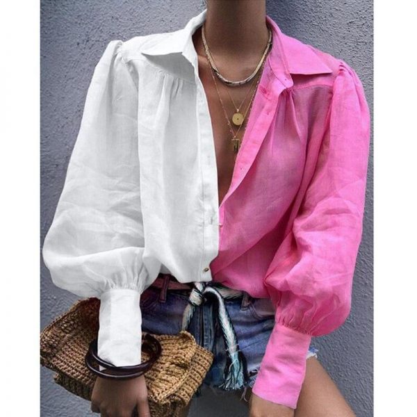 Colorblock lantern sleeve t shirt weomen tops Color pink and white patchwork turn down collar blusas femme Autumn camiseta - Takalr