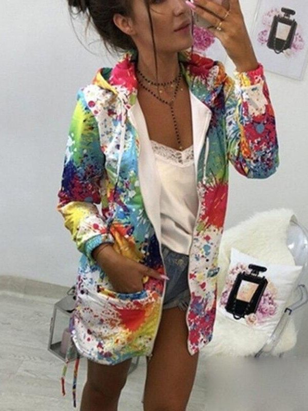 Colorful printed hooded windbreaker women autumn fashion long jacket streetwear Fall drawstring jacket coat outwear - Takalr