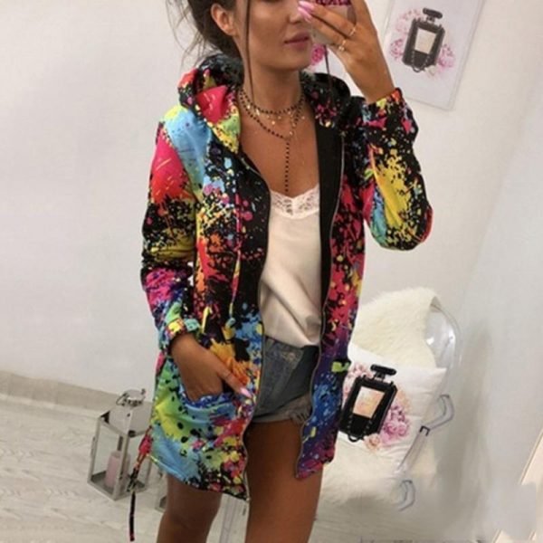 Colorful printed hooded windbreaker women autumn fashion long jacket streetwear Fall drawstring jacket coat outwear - Takalr