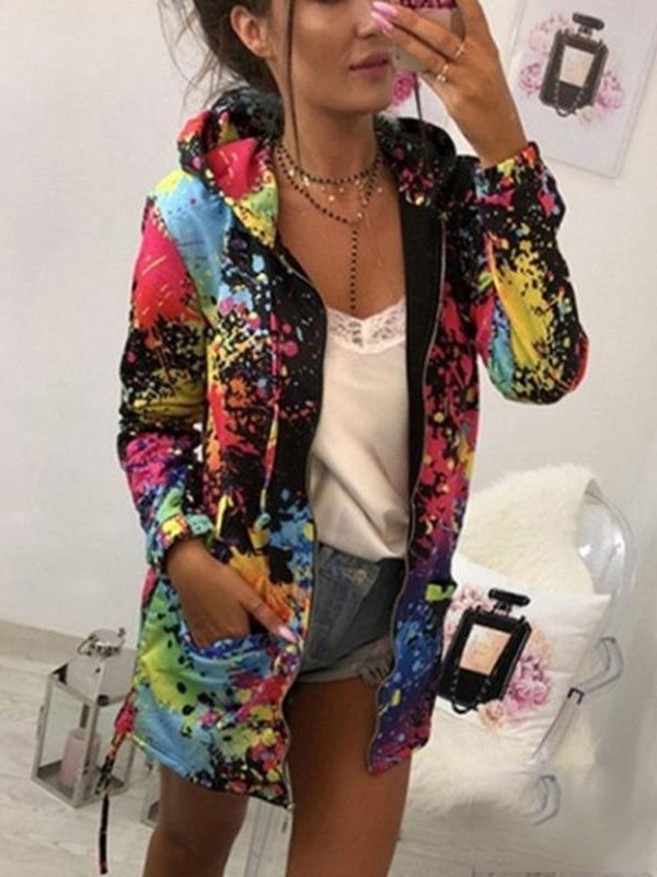 Colorful printed hooded windbreaker women autumn fashion long jacket streetwear Fall drawstring jacket coat outwear - Takalr