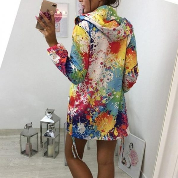 Colorful printed hooded windbreaker women autumn fashion long jacket streetwear Fall drawstring jacket coat outwear - Takalr