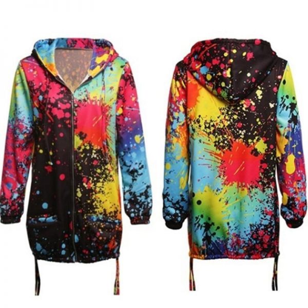 Colorful printed hooded windbreaker women autumn fashion long jacket streetwear Fall drawstring jacket coat outwear - Takalr