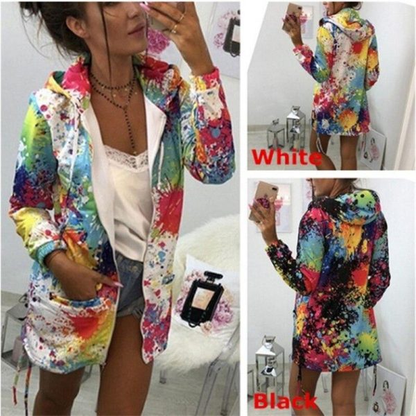 Colorful printed hooded windbreaker women autumn fashion long jacket streetwear Fall drawstring jacket coat outwear - Takalr