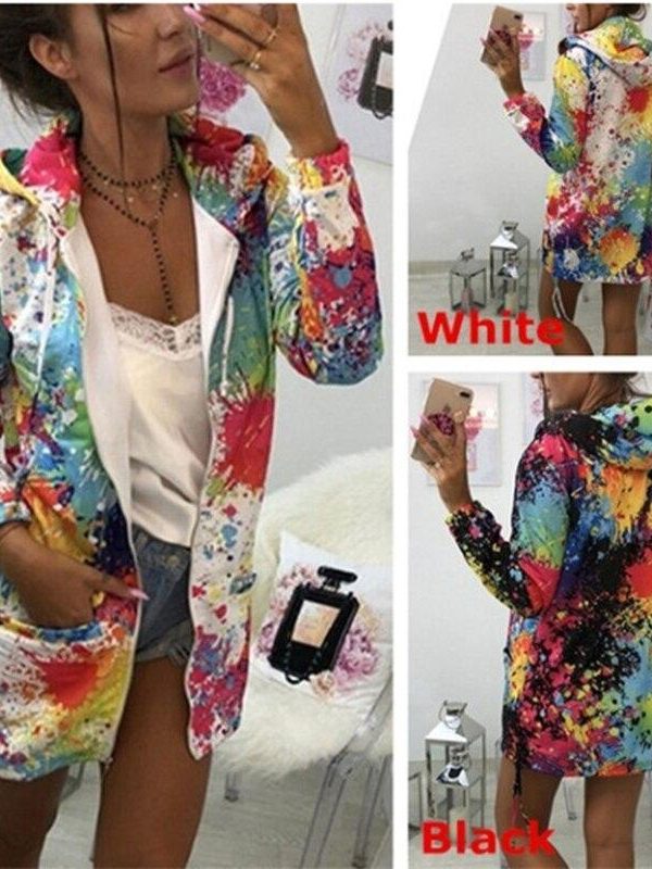 Colorful printed hooded windbreaker women autumn fashion long jacket streetwear Fall drawstring jacket coat outwear - Takalr