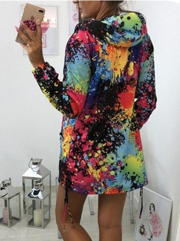 Colorful printed hooded windbreaker women autumn fashion long jacket streetwear Fall drawstring jacket coat outwear - Takalr