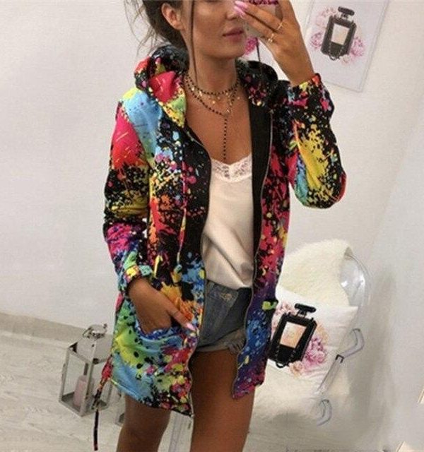 Colorful printed hooded windbreaker women autumn fashion long jacket streetwear Fall drawstring jacket coat outwear - Takalr