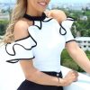 Contrast Binding Ruffles Cold Shoulder Blouse Shirt Women White Slim Blouse Elegant Short Sleeve Tops Femme Summer Halter Blusas - Takalr