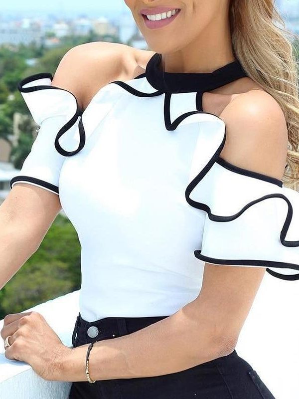 Contrast Binding Ruffles Cold Shoulder Blouse Shirt Women White Slim Blouse Elegant Short Sleeve Tops Femme Summer Halter Blusas - Takalr