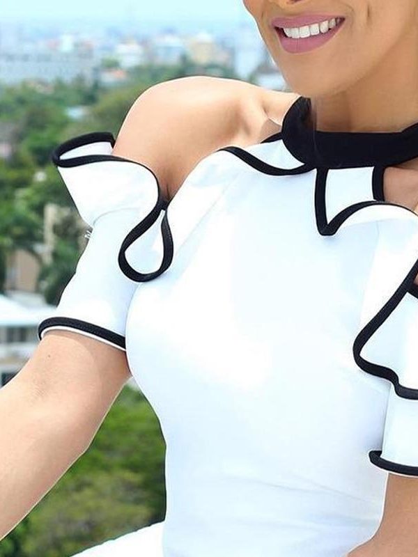 Contrast Binding Ruffles Cold Shoulder Blouse Shirt Women White Slim Blouse Elegant Short Sleeve Tops Femme Summer Halter Blusas - Takalr