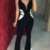 Contrast color mesh insert jumpsuits for women Summer sleeveless sexy v neck long rompers womens jumpsuit Black overalls - Takalr