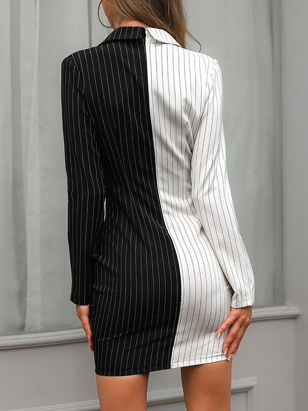 Contrast color striped insert blazers dress Women black and white bodycon office dress Elegant womens workwear Summer vestidos - Takalr