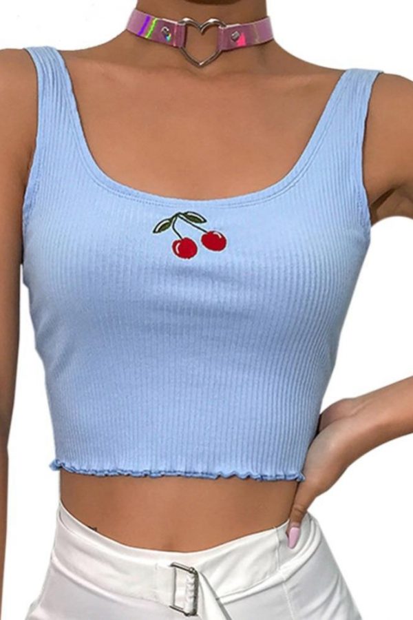 Cotton Ribbed Cherry Embroidered Tank Top Sweet Cropped Sleeveless Top Vest - Takalr