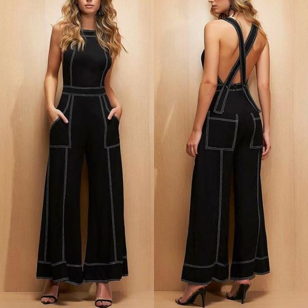 Crisscross wide leg jumpsuit for women sleeveless pocket black rompers womens jumpsuit Summer streetwear vasual overalls - Takalr