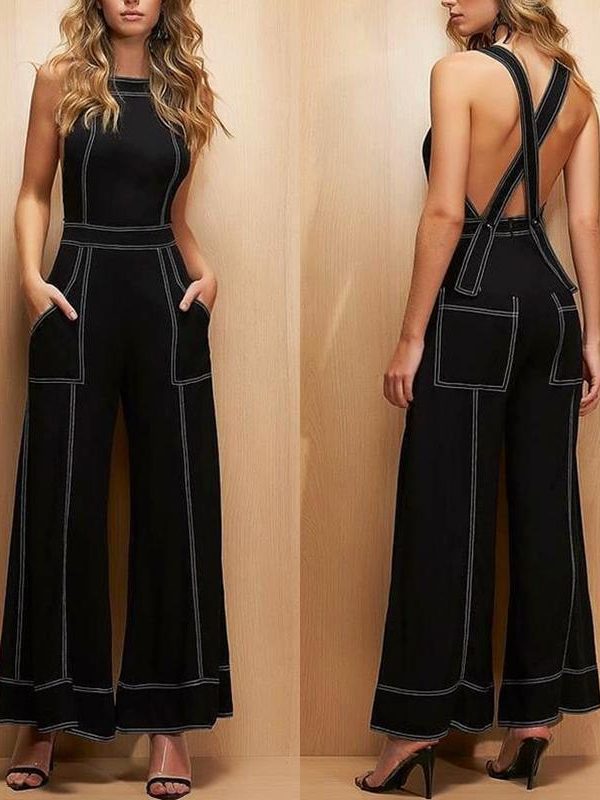 Crisscross wide leg jumpsuit for women sleeveless pocket black rompers womens jumpsuit Summer streetwear vasual overalls - Takalr