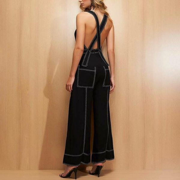 Crisscross wide leg jumpsuit for women sleeveless pocket black rompers womens jumpsuit Summer streetwear vasual overalls - Takalr