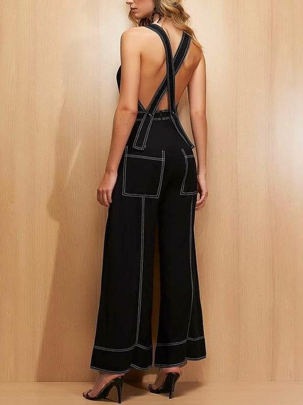 Crisscross wide leg jumpsuit for women sleeveless pocket black rompers womens jumpsuit Summer streetwear vasual overalls - Takalr