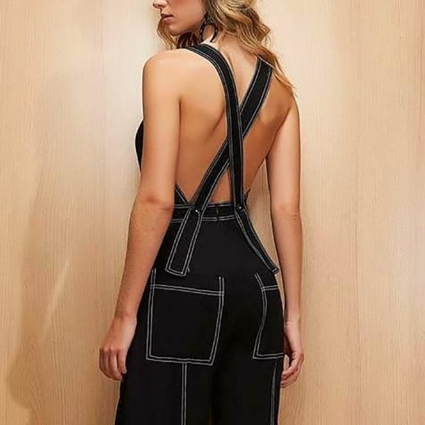 Crisscross wide leg jumpsuit for women sleeveless pocket black rompers womens jumpsuit Summer streetwear vasual overalls - Takalr