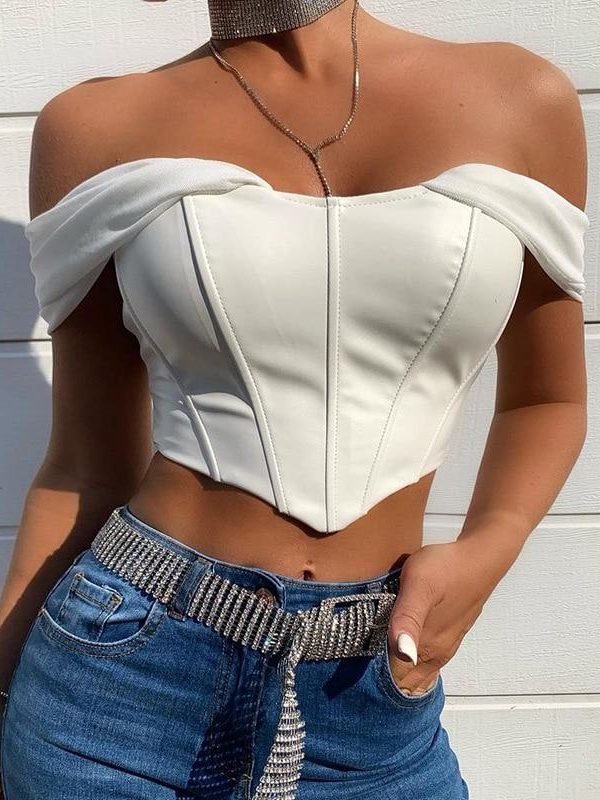 Cryptographic PU leather Sexy Bustier Corset Top Off Shoulder Chiffon White Strapless Female Top Cropped Tops Women Clothes - Takalr