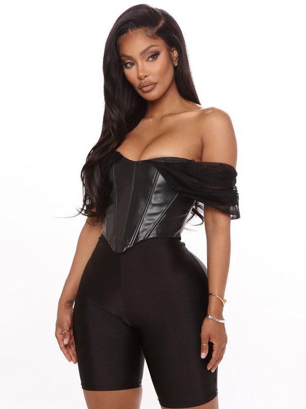 Cryptographic PU leather Sexy Bustier Corset Top Off Shoulder Chiffon White Strapless Female Top Cropped Tops Women Clothes - Takalr