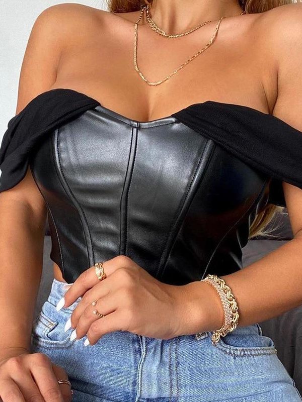 Cryptographic PU leather Sexy Bustier Corset Top Off Shoulder Chiffon White Strapless Female Top Cropped Tops Women Clothes - Takalr