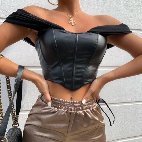 Cryptographic PU leather Sexy Bustier Corset Top Off Shoulder Chiffon White Strapless Female Top Cropped Tops Women Clothes - Takalr